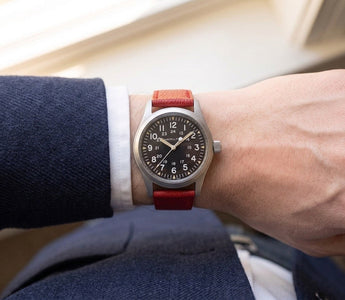 Hamilton Khaki Field Mechanical on Red Chevre Slim Strap