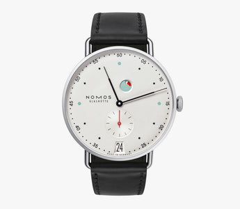 Nomos Metro Date Power Reserve ref. 1101 with white dial and red seconds hand