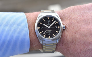 Omega Seamaster Railmaster on wrist with steel bracelet