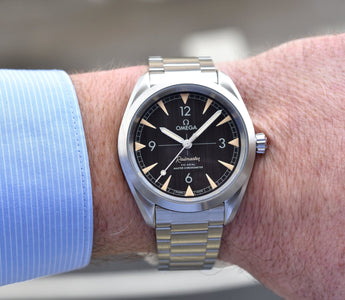 Omega Seamaster Railmaster on wrist with steel bracelet