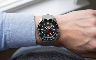 Seiko 5 Sports GMT SSK001 on Light Grey Chevre Slim Strap