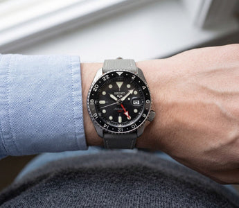 Seiko 5 Sports GMT SSK001 on Light Grey Chevre Slim Strap