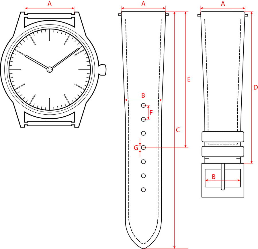 Strap measurement schematic: A lug width, B buckle width, C long end length, D short end length, E lug to middle hole, F hole spacing, G hole size