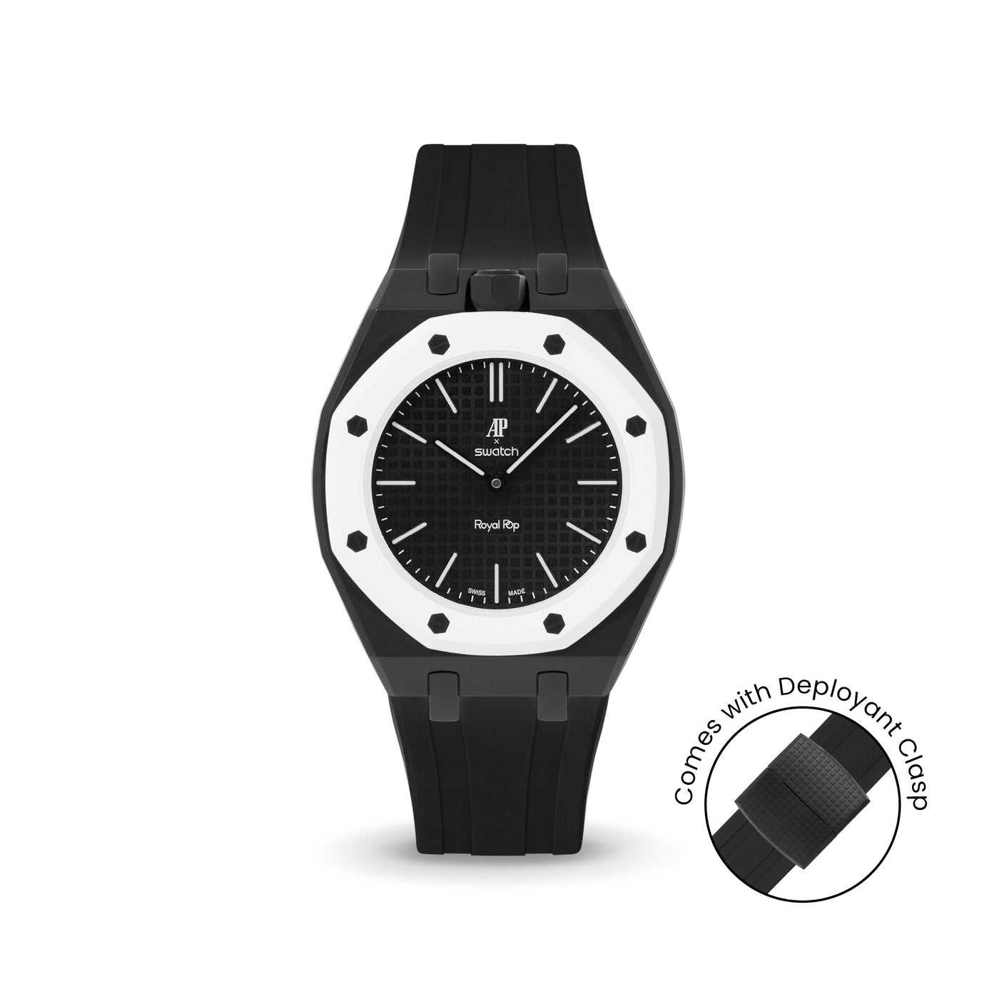 Case-Strap for the Swatch x AP Royal Pop Ocho Negro — Lépine case-strap by Delugs — wristshot mockup