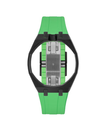 Black case, 12 o'clock, Light Green strap