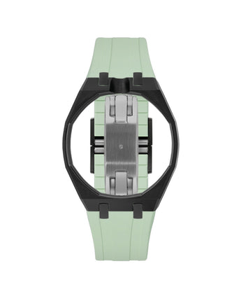 Black case, 12 o'clock, Lime Green strap