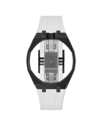 Black case, 12 o'clock, White strap
