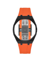 Black case, 3 o'clock, Orange strap