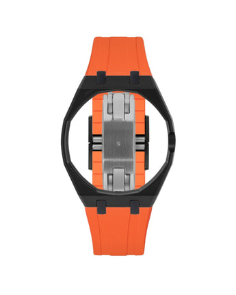 Black case, 3 o'clock, Orange strap