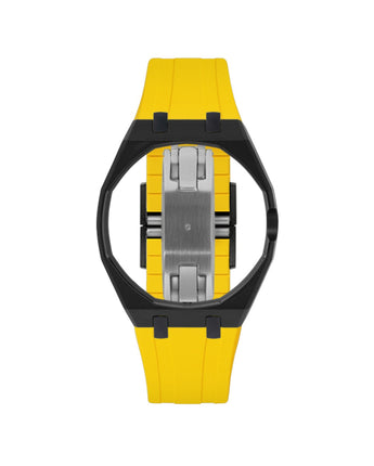 Black case, 3 o'clock, Yellow strap