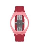 Bubblegum Pink case, 3 o'clock, Cherry Red strap