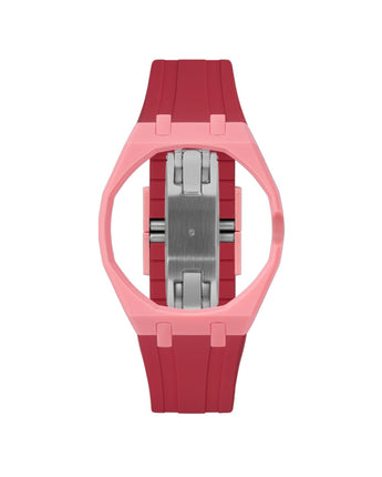 Bubblegum Pink case, 3 o'clock, Cherry Red strap