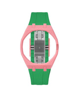 Bubblegum Pink case, 3 o'clock, Dark Green strap