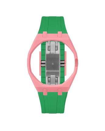 Bubblegum Pink case, 3 o'clock, Dark Green strap