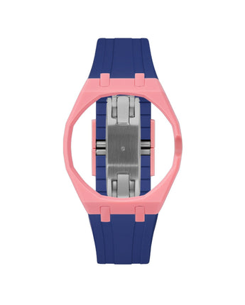 Bubblegum Pink case, 3 o'clock, Indigo Blue strap