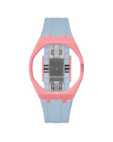 Bubblegum Pink case, 3 o'clock, Light Blue strap