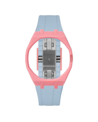 Bubblegum Pink case, 3 o'clock, Light Blue strap