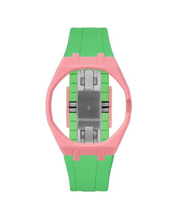 Bubblegum Pink case, 3 o'clock, Light Green strap