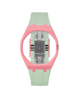 Bubblegum Pink case, 3 o'clock, Lime Green strap