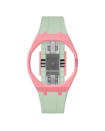 Bubblegum Pink case, 3 o'clock, Lime Green strap