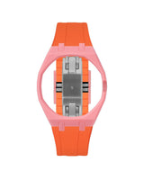 Bubblegum Pink case, 3 o'clock, Orange strap