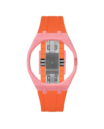 Bubblegum Pink case, 3 o'clock, Orange strap