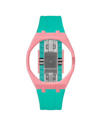Bubblegum Pink case, 3 o'clock, Turquoise strap