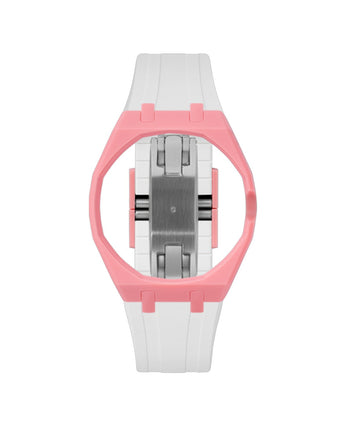 Bubblegum Pink case, 3 o'clock, White strap