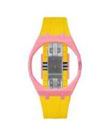 Bubblegum Pink case, 3 o'clock, Yellow strap