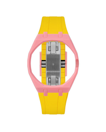 Bubblegum Pink case, 3 o'clock, Yellow strap