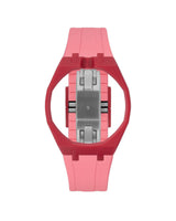 Cherry Red case, 12 o'clock, Bubblegum Pink strap