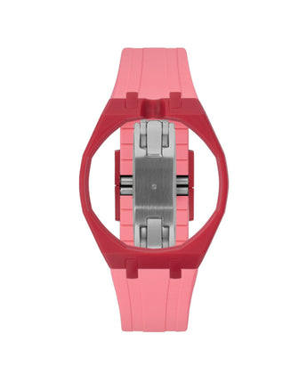Cherry Red case, 12 o'clock, Bubblegum Pink strap