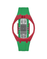 Cherry Red case, 12 o'clock, Dark Green strap