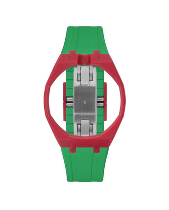Cherry Red case, 12 o'clock, Dark Green strap