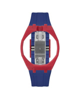 Cherry Red case, 12 o'clock, Indigo Blue strap