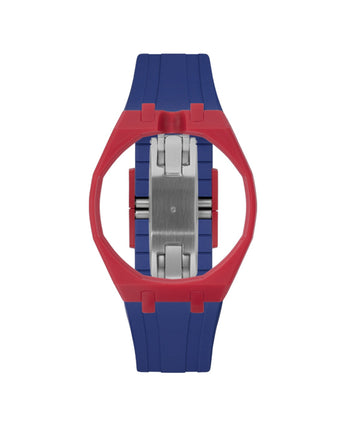 Cherry Red case, 12 o'clock, Indigo Blue strap