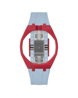 Cherry Red case, 12 o'clock, Light Blue strap