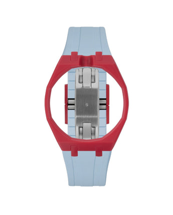 Cherry Red case, 12 o'clock, Light Blue strap