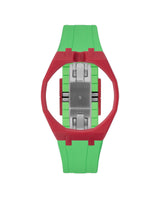 Cherry Red case, 12 o'clock, Light Green strap
