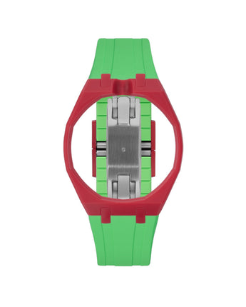 Cherry Red case, 12 o'clock, Light Green strap