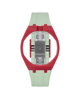 Cherry Red case, 12 o'clock, Lime Green strap
