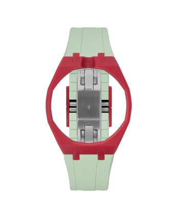 Cherry Red case, 12 o'clock, Lime Green strap