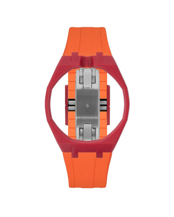 Cherry Red case, 12 o'clock, Orange strap