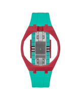 Cherry Red case, 12 o'clock, Turquoise strap