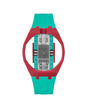 Cherry Red case, 12 o'clock, Turquoise strap