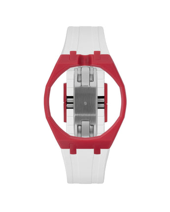 Cherry Red case, 12 o'clock, White strap