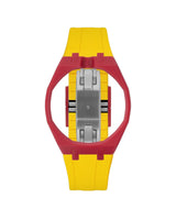 Cherry Red case, 12 o'clock, Yellow strap