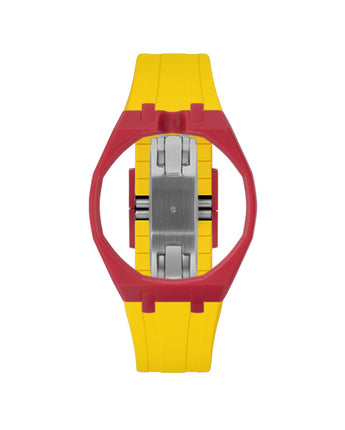 Cherry Red case, 12 o'clock, Yellow strap