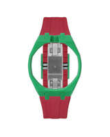 Dark Green case, 12 o'clock, Cherry Red strap