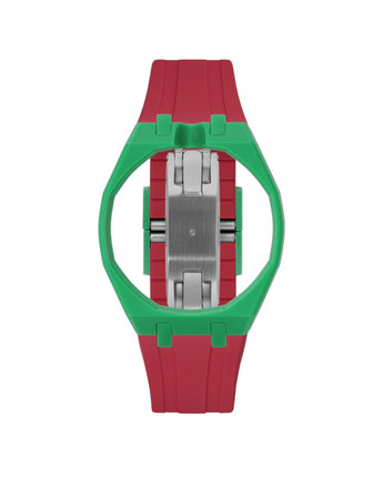Dark Green case, 12 o'clock, Cherry Red strap